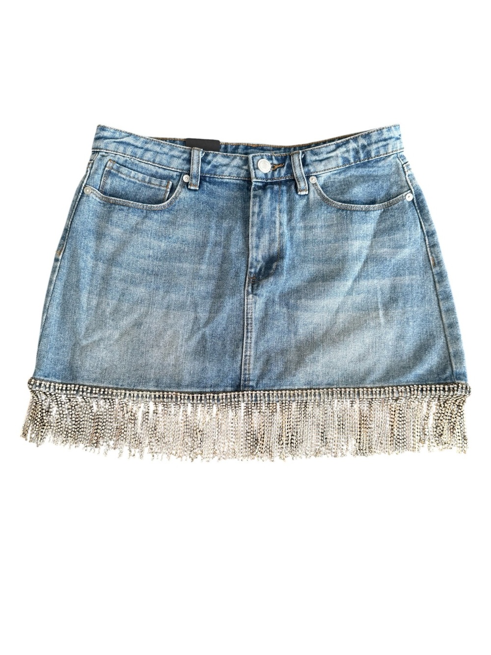 BLANKNYC Bright Moments Rhinestone Fringe Denim Mini Skirt 28 NWT